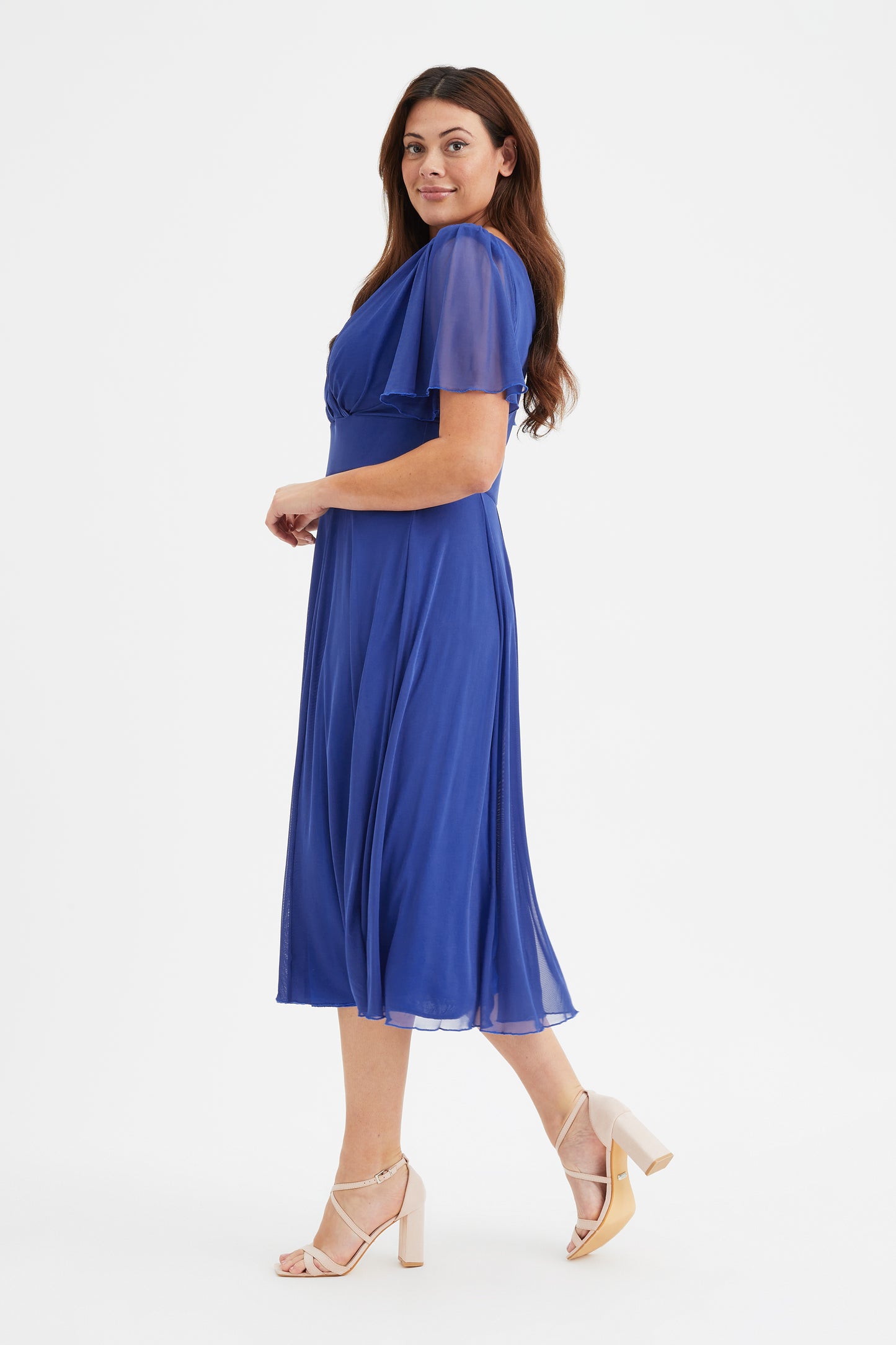 Victoria Solid Royal Blue Angel Sleeve Mesh Midi Dress