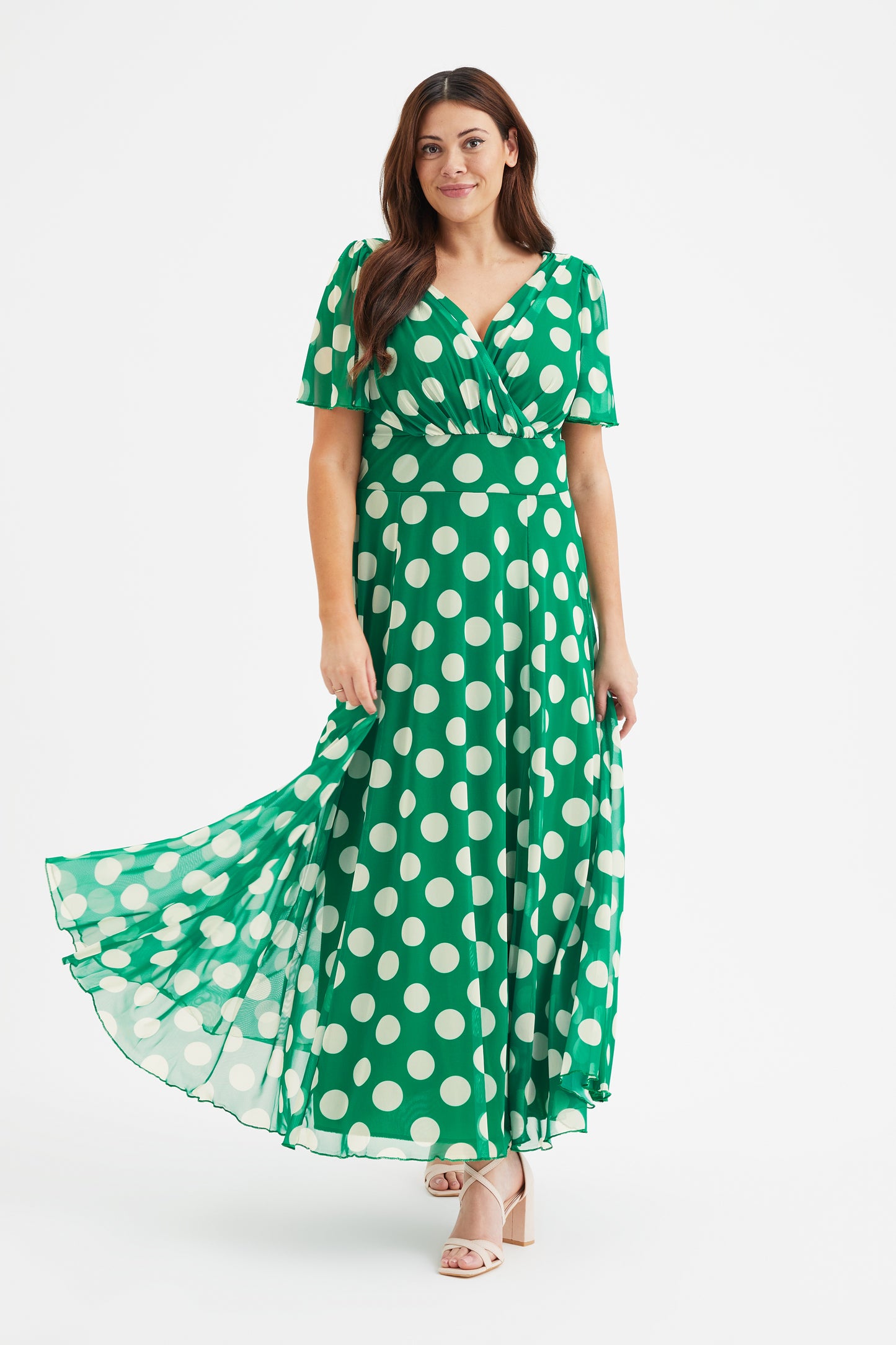 Isabelle Green Cream Lollidot Print Float Sleeve Maxi Dress Scarlett & Jo Isabelle Green Cream Lollidot Print Float Sleeve Maxi Dress Scarlett & Jo