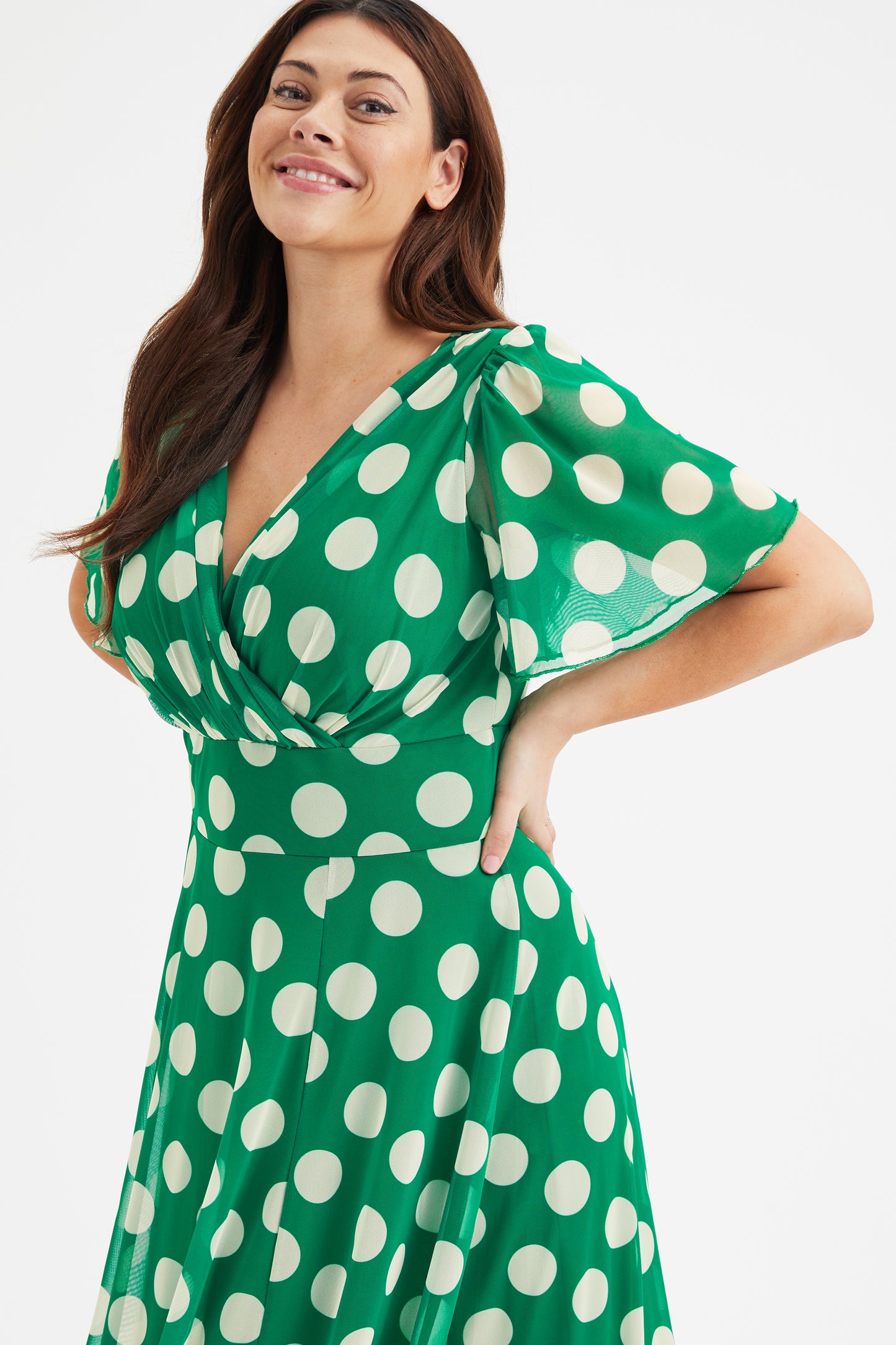 Isabelle Green Cream Lollidot Print Float Sleeve Maxi Dress