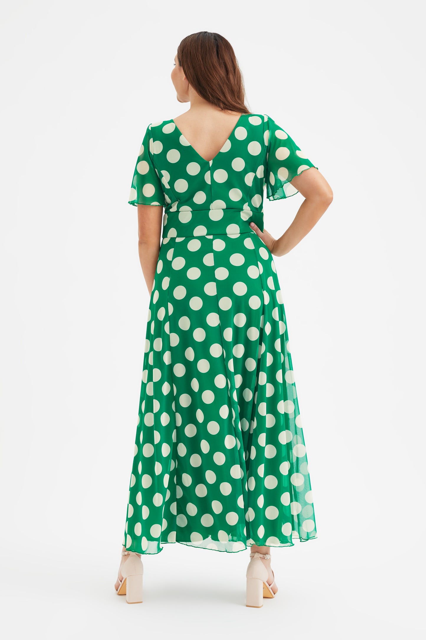 Isabelle Green Cream Lollidot Print Float Sleeve Maxi Dress Scarlett & Jo Isabelle Green Cream Lollidot Print Float Sleeve Maxi Dress Scarlett & Jo