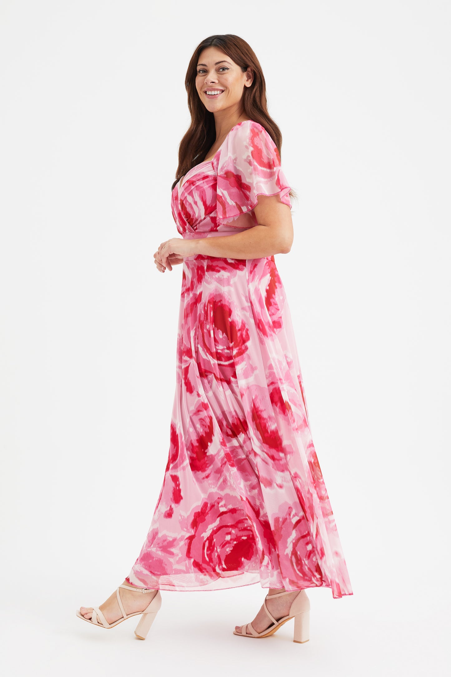 Kemi Pink Rose Print Bolero Wrap Bodice Maxi Gown