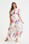 Isabelle Ivory Pink Blue Float Sleeve Maxi Dress
