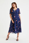 Victoria Navy Pink Flower Angel Sleeve Mesh Long Midi Dress