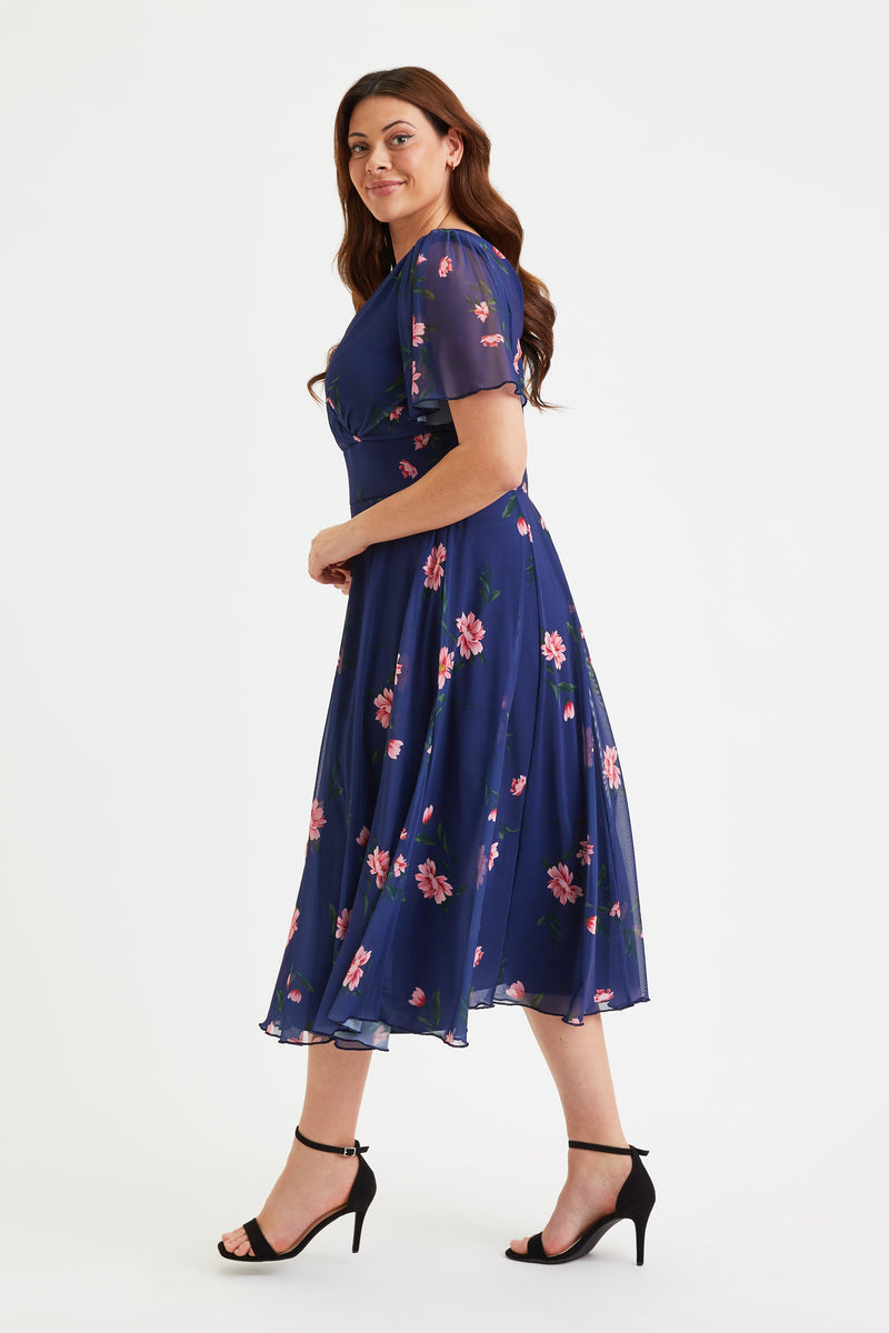 Victoria Navy Pink Flower Angel Sleeve Mesh Long Midi Dress – Scarlett & Jo