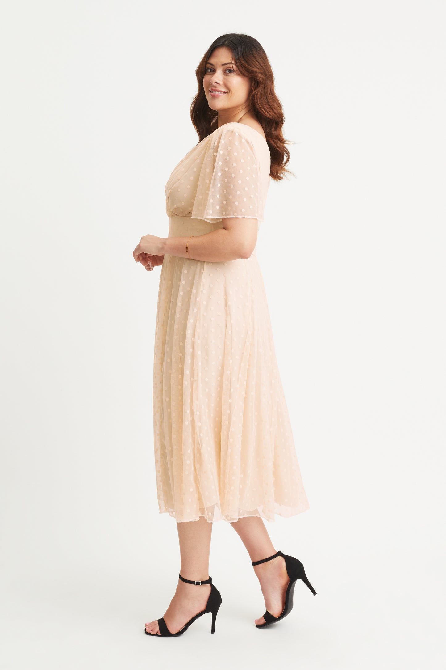 Victoria Cream Dobby Spot Angel Sleeve Mesh Long Midi Dress – Scarlett & Jo