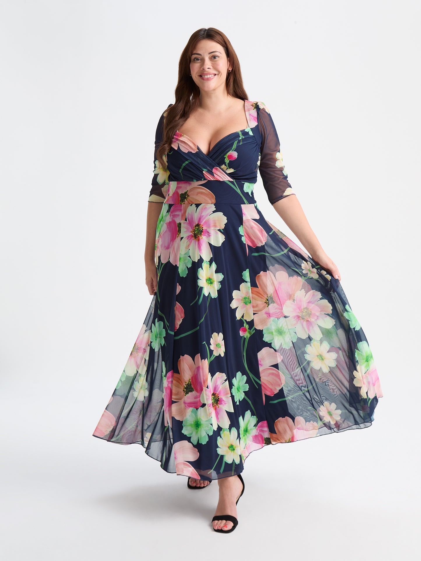 blue and pink plus size dress City Chic Women's Hailey Aspect Print Pleat Maxi Dress
