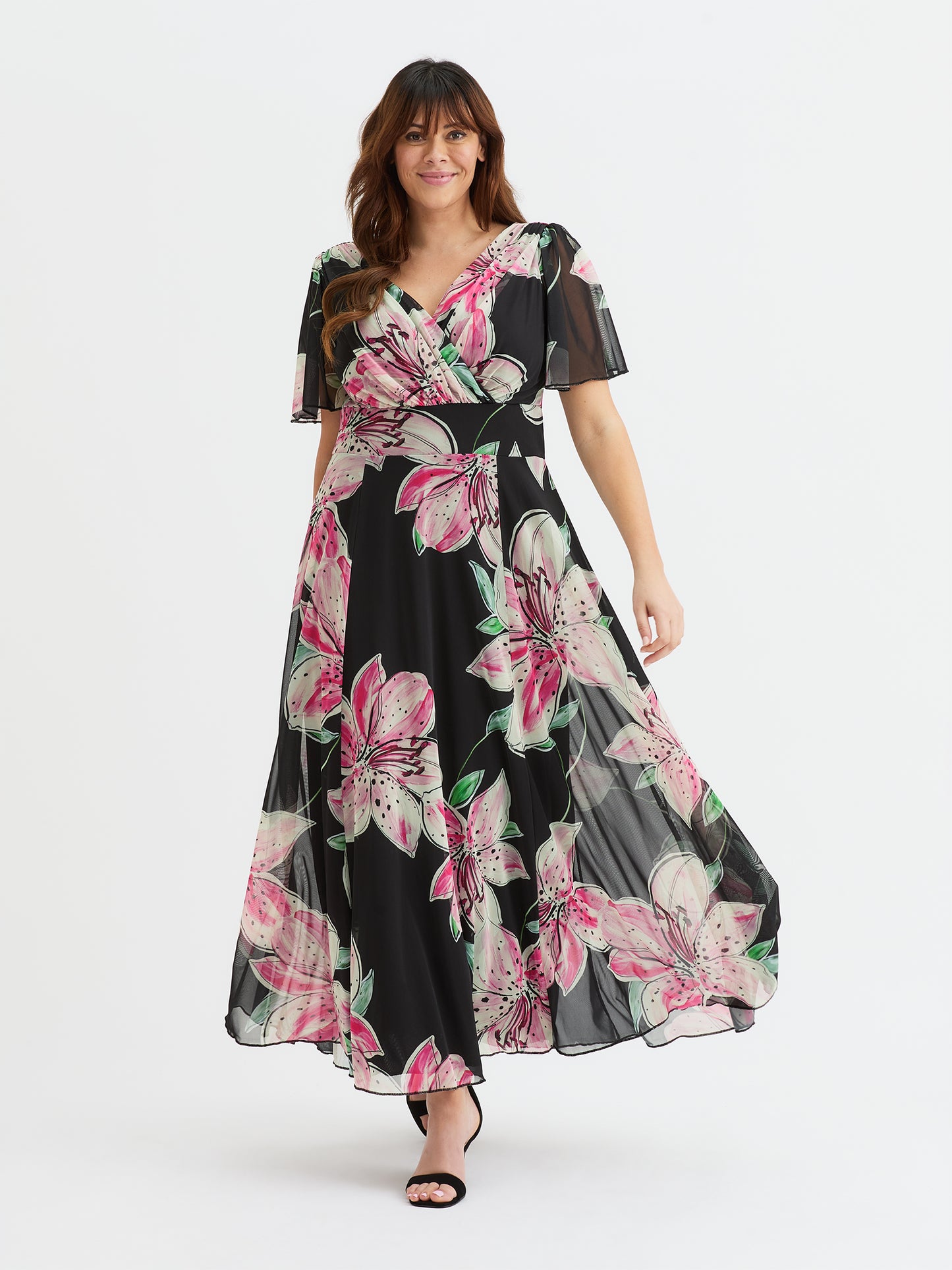 Isabelle Black Pink Flower Float Sleeve Maxi Dress Scarlett & Jo Isabelle Black Pink Flower Float Sleeve Maxi Dress Scarlett & Jo