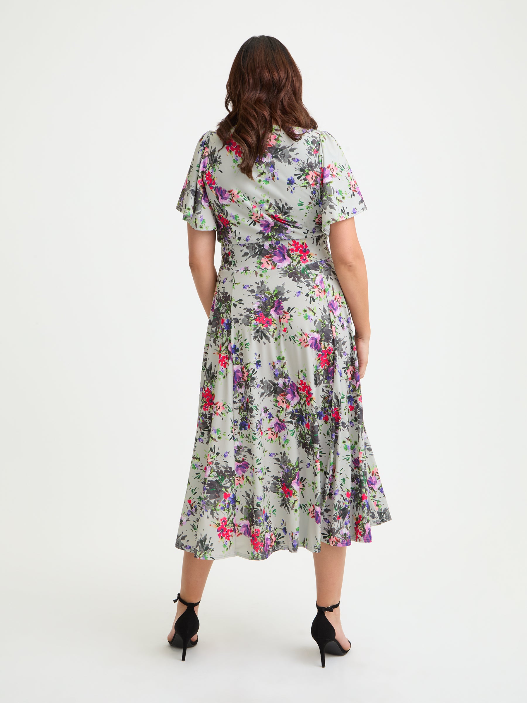 Liz Silver Grey Multi Bolero Wrap Bodice Midi Dress – Scarlett & Jo