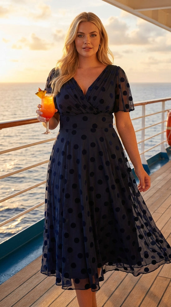 Victoria Dark Navy Velvet Flock Angel Sleeve Mesh Long Midi Dress