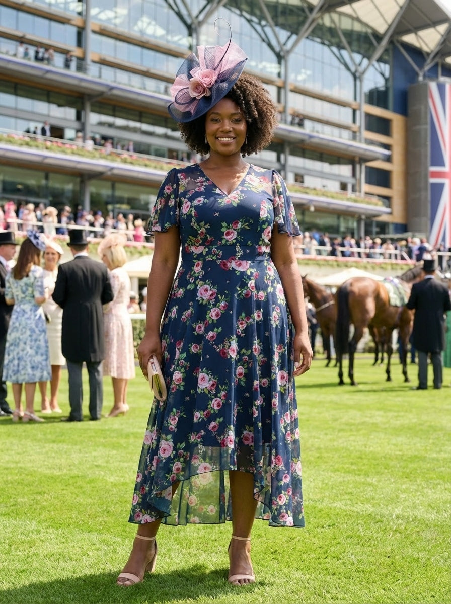Tilly Navy Pink Angel Sleeve Sweetheart Dress