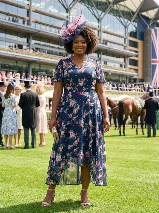 Tilly Navy Pink Angel Sleeve Sweetheart Dress