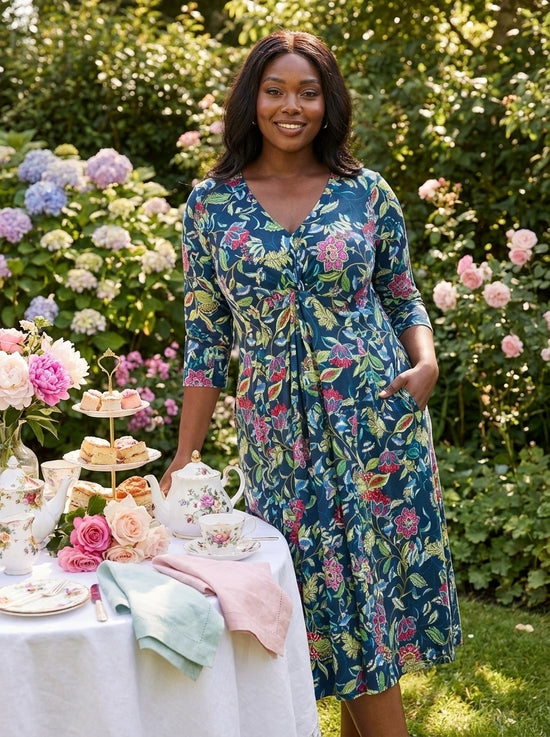 Claudia Green Multi Leaf Jersey Knot Front Dress