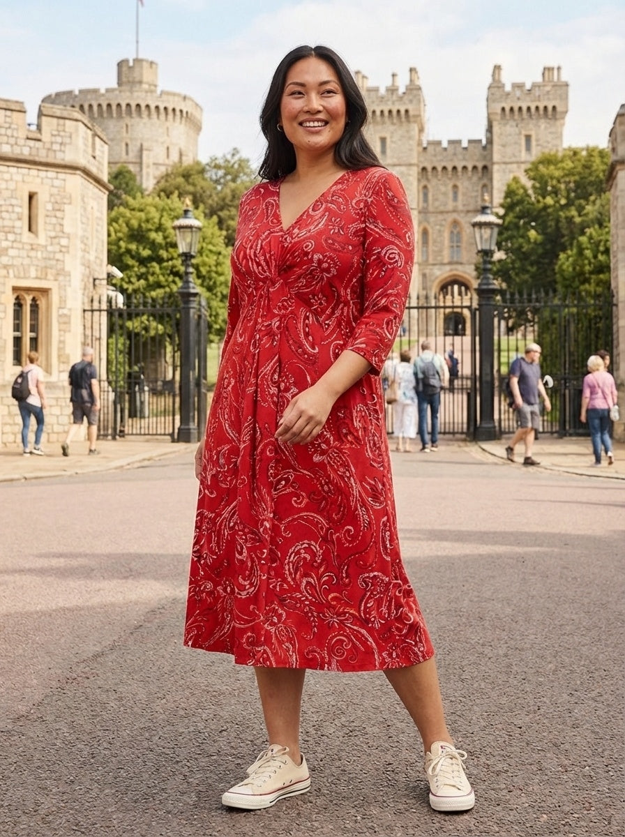 Claudia Red Paisley Jersey Knot Front Dress
