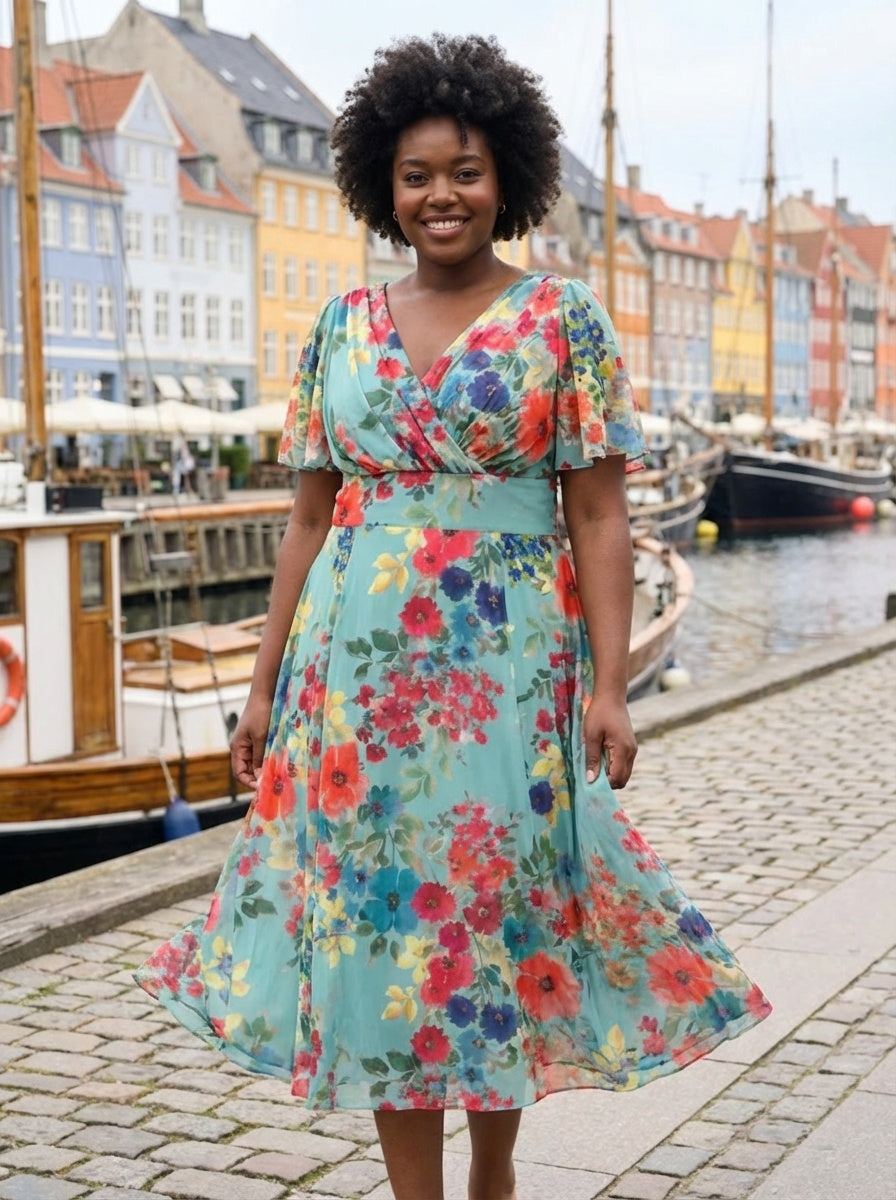 Victoria Soft Green Multi Angel Sleeve Mesh Long Midi Dress