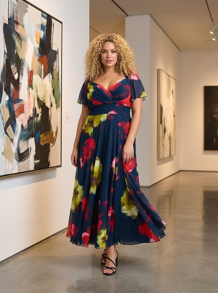 Kemi Navy Red Multi Print Bolero Wrap Bodice Maxi Gown