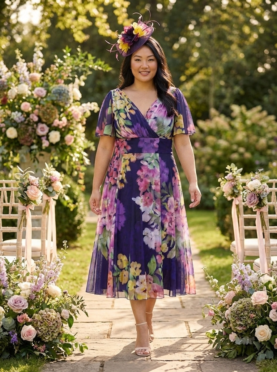 Victoria Navy Purple Multi Angel Sleeve Mesh Long Midi Dress