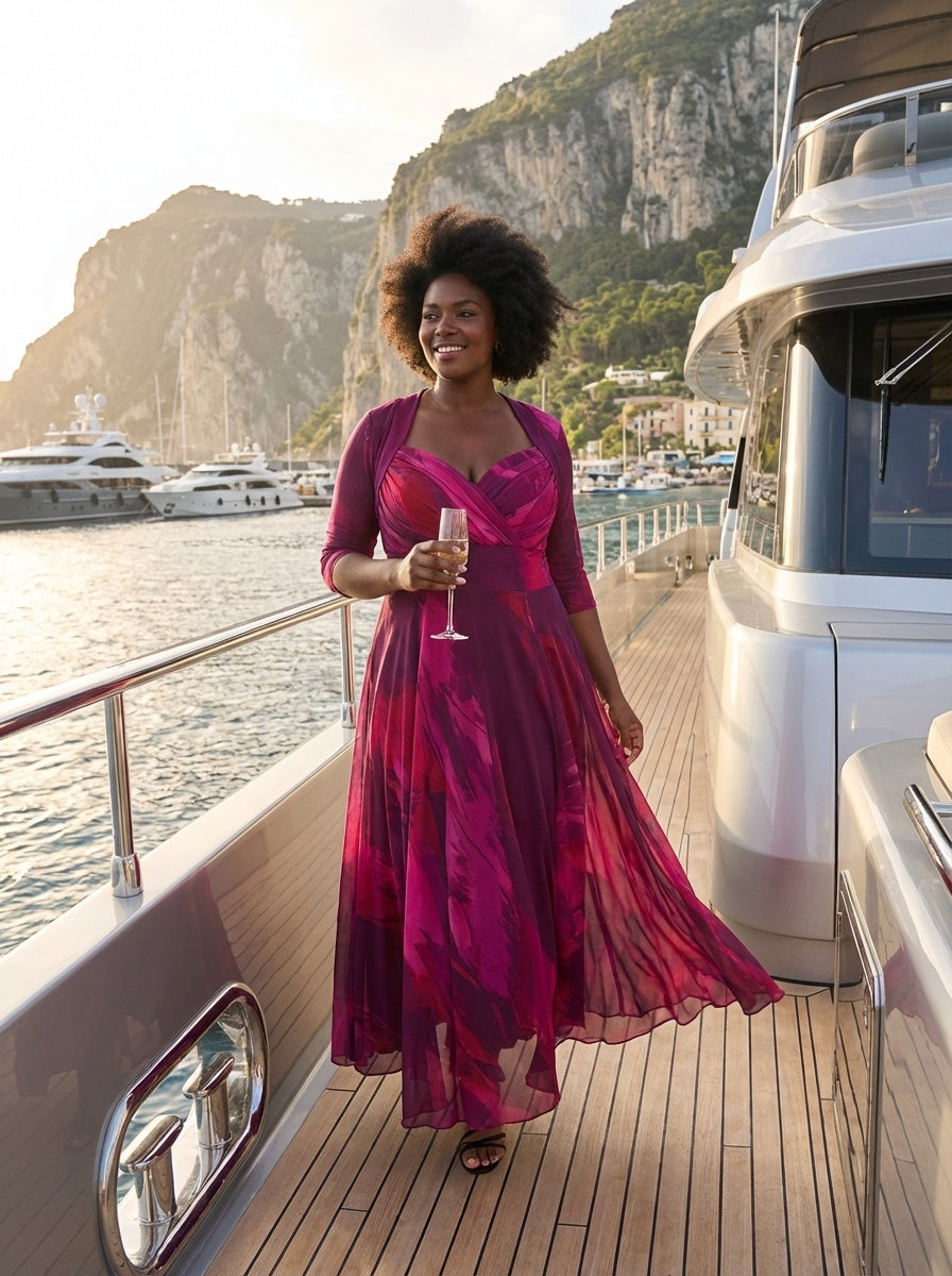 Elizabeth Wine Abstract Print Mesh Bolero Wrap Bodice Maxi Gown