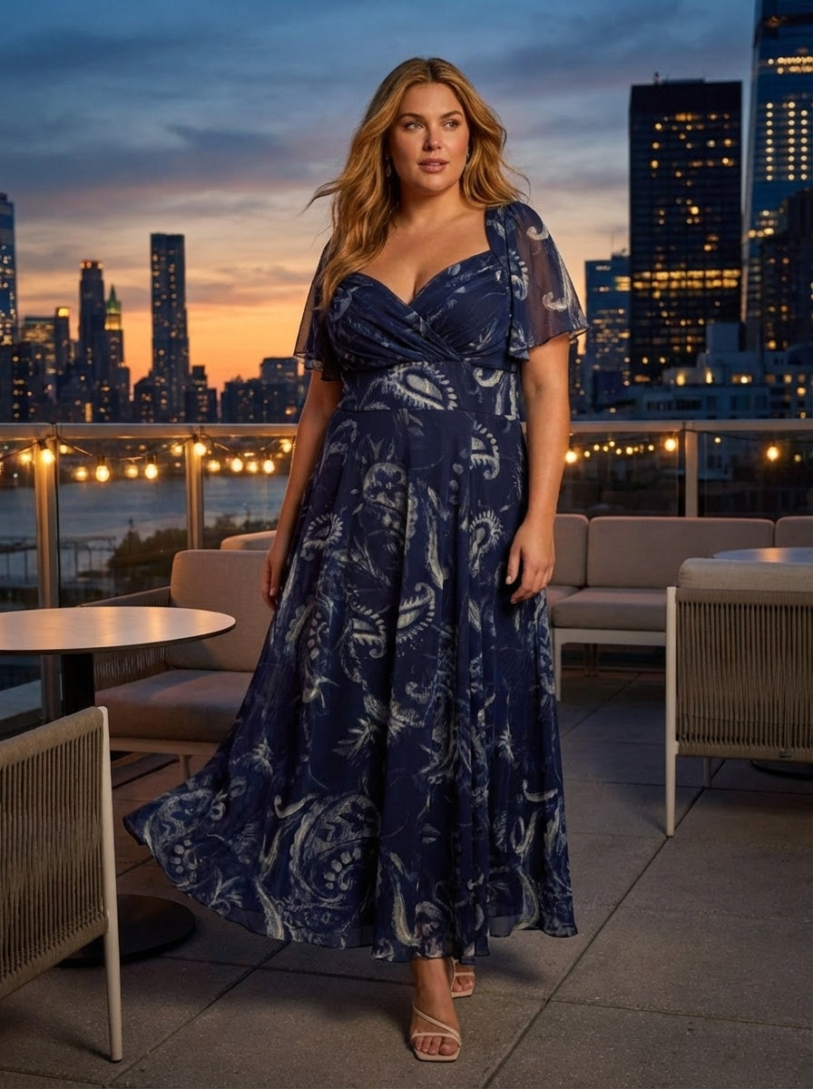 Kemi Vintage Navy Paisley Print Bolero Wrap Bodice Maxi Gown