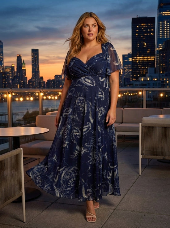 Kemi Vintage Navy Paisley Print Bolero Wrap Bodice Maxi Gown