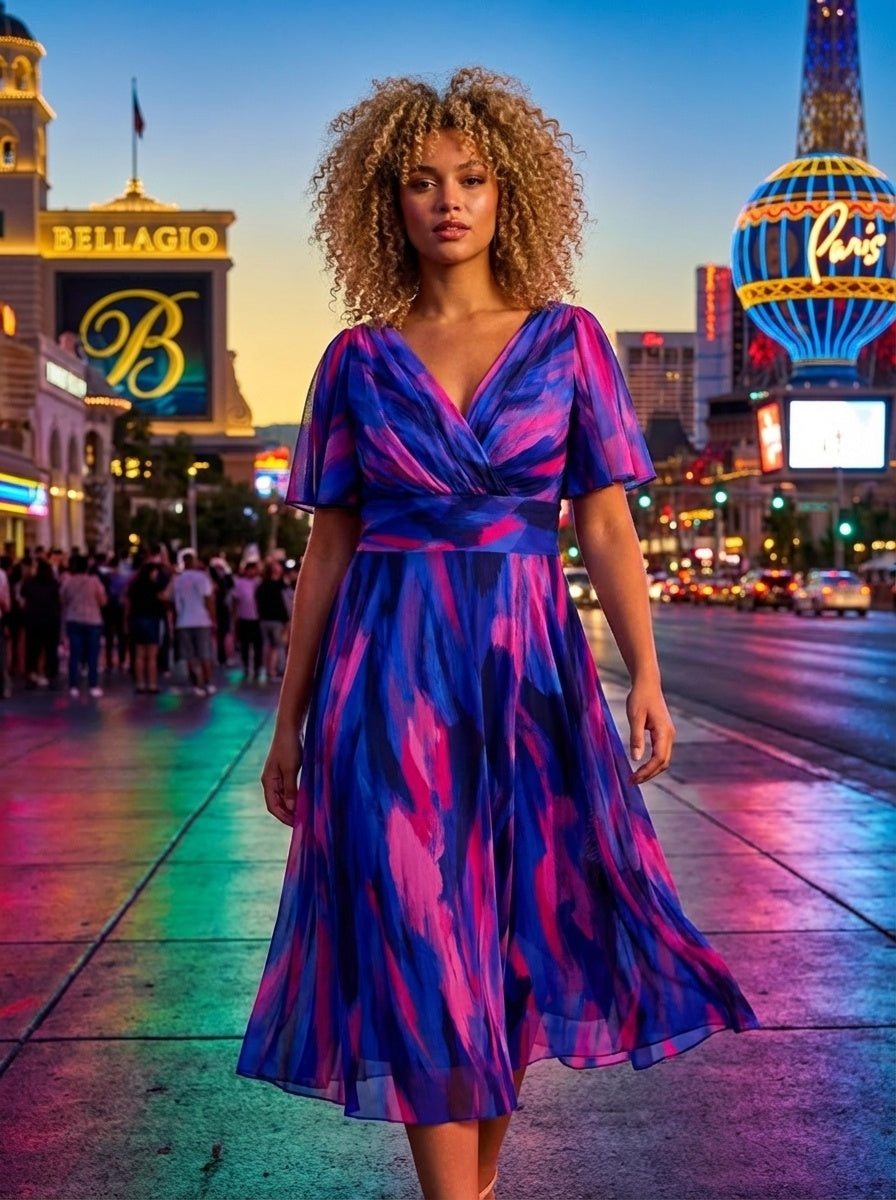 Victoria Blue Pink Brush Angel Sleeve Mesh Long Midi Dress