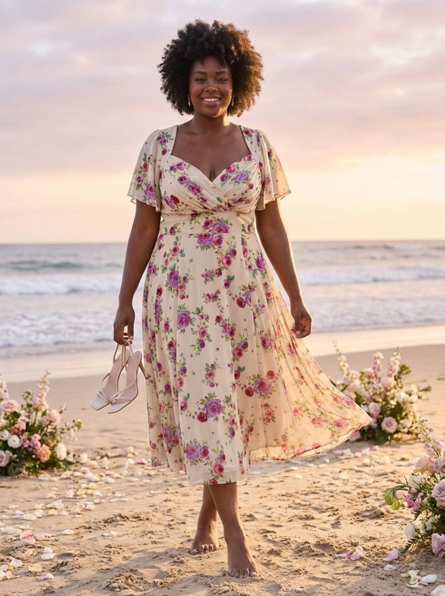 Liz Vintage Cream Rose Bolero Wrap Bodice Midi Dress