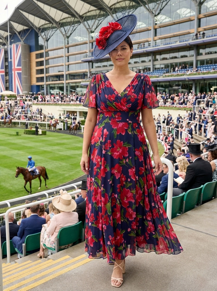 Isabelle Navy Red Pink Float Sleeve Maxi Dress