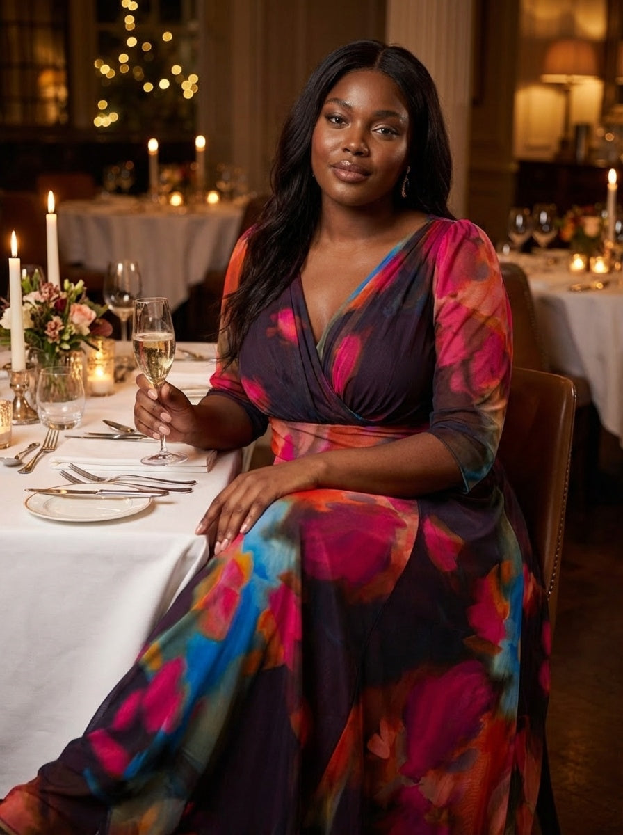 Verity Navy Orange Blue Print Maxi Gown