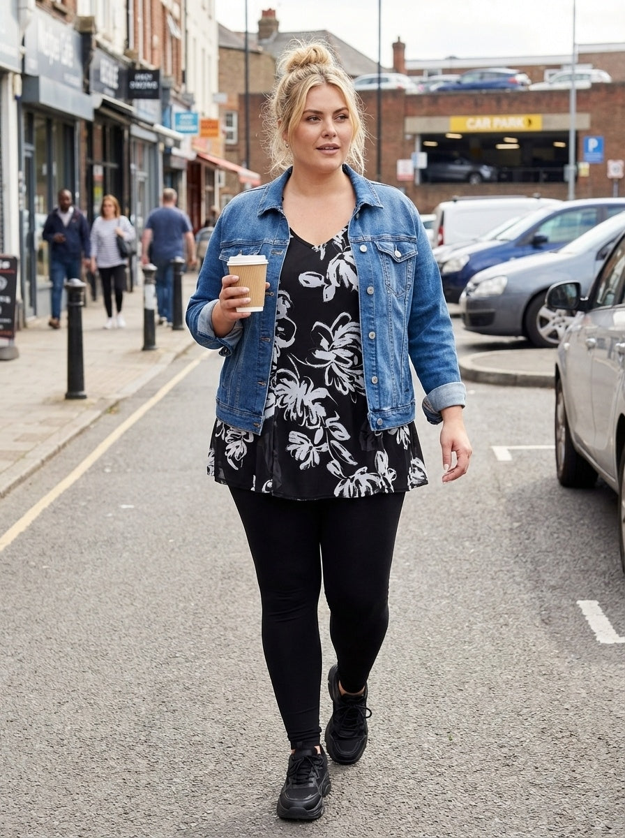 Black White Flower V Neck Tunic