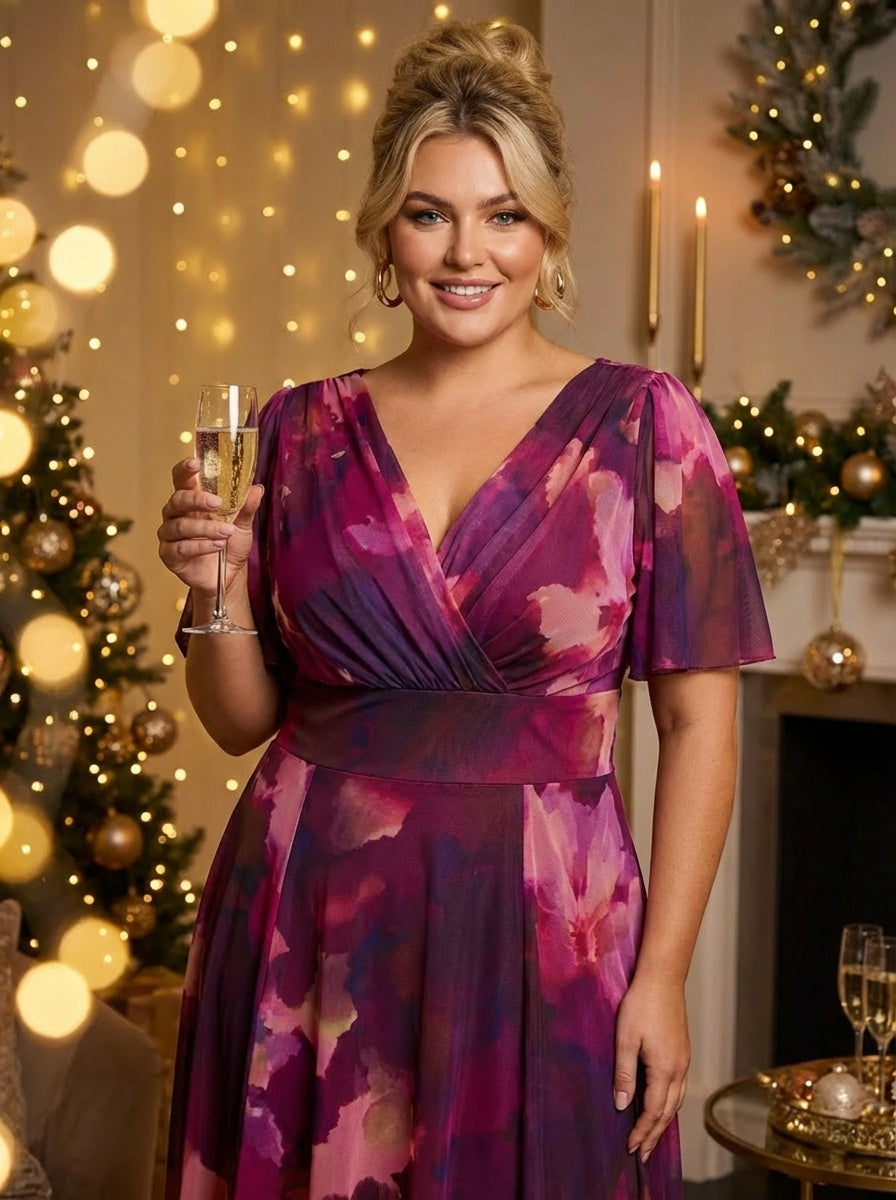 Victoria Wine Pink Angel Sleeve Mesh Long Midi Dress