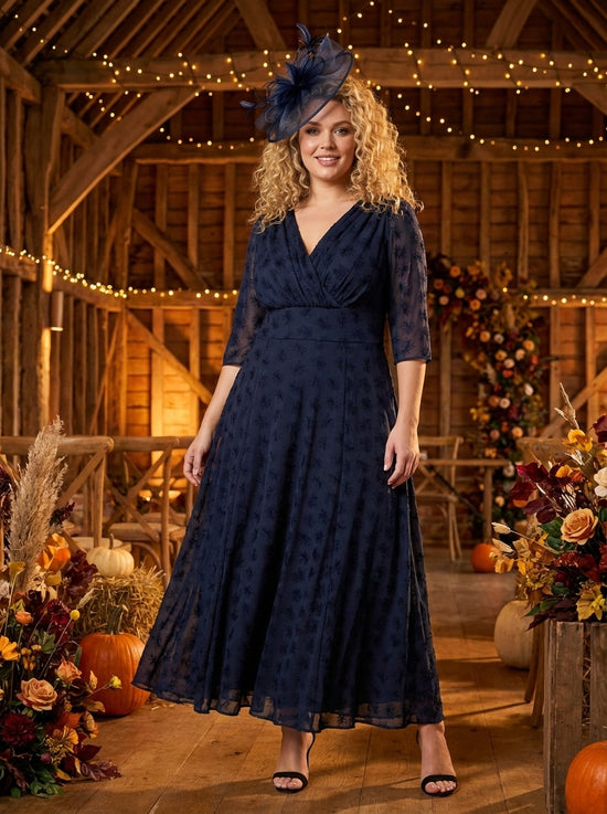 Verity Dark Navy Flower Velvet Flock Maxi Gown