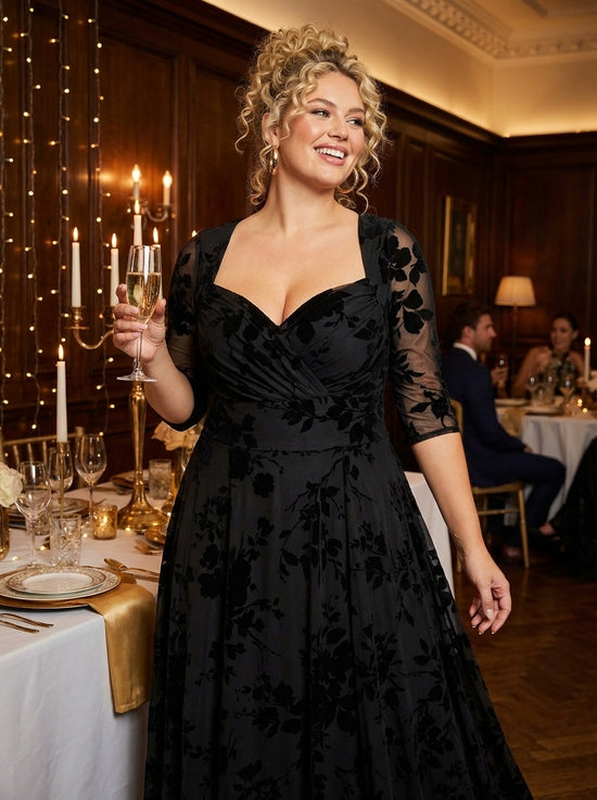 Elizabeth Floral Velvet Flocked Mesh Maxi Gown