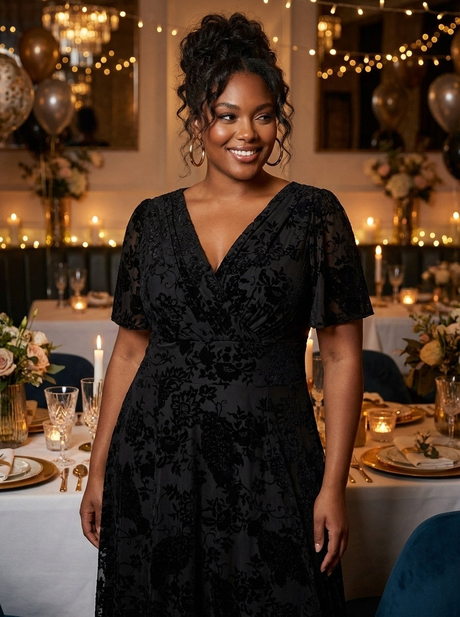 Isabelle Black Velvet Flock Angel Sleeve Maxi Dress