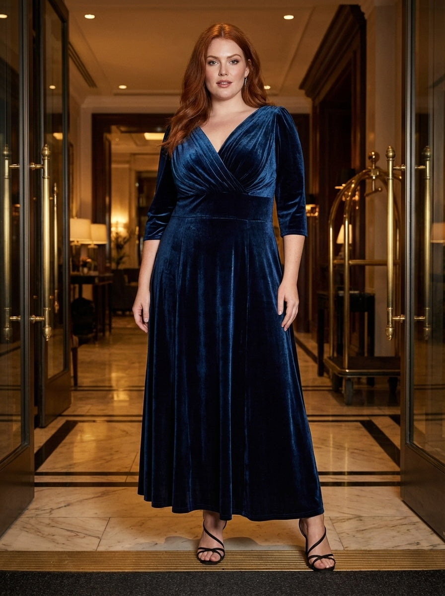 Verity Chic Plus Size Maxi Gown in Velvet Blue by Scarlett & Jo