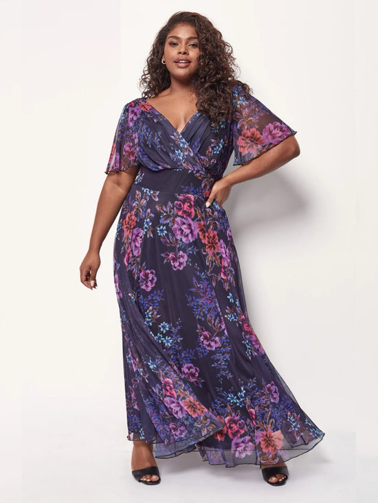 Isabelle Navy Amethyst Float Sleeve Maxi Dress