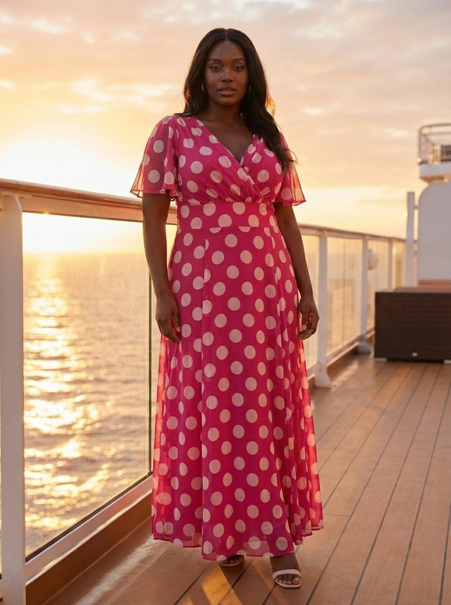 Isabelle Cerise Cream Lollidot Print Float Sleeve Maxi Dress