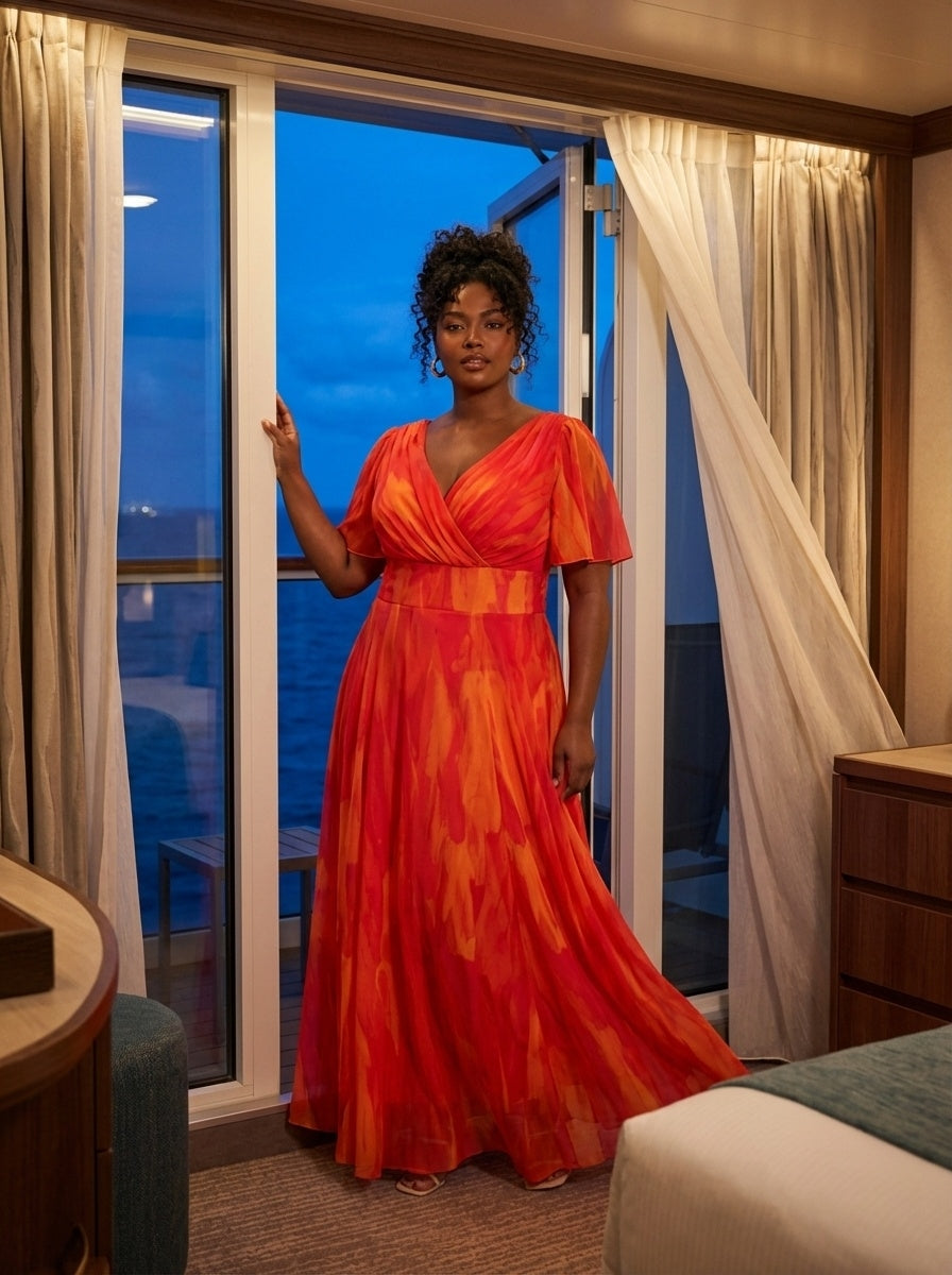 Isabelle Orange Pink Yellow Print Float Sleeve Maxi Dress