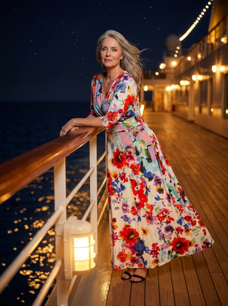 chinese dress ladies Isabella Ivory Multi Print 3/4 Sleeve Jersey Maxi Dress – Scarlett & Jo