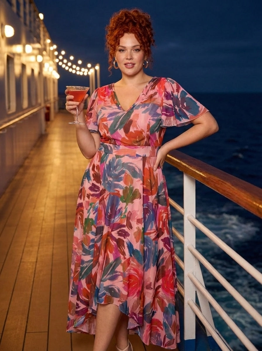 Tilly Peach Multi Angel Sleeve Sweetheart Dress