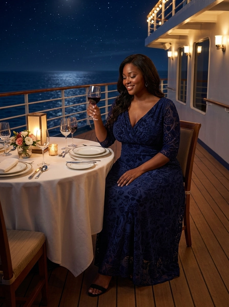 Verity Plus Size Dark Navy Maxi Gown in Velvet Flock