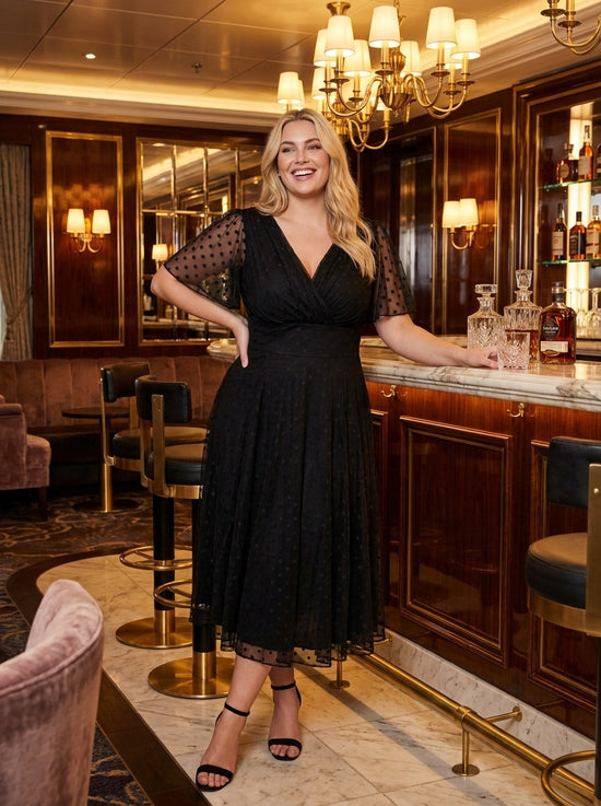 Victoria Black Dobby Spot Angel Sleeve Mesh Long Midi Dress