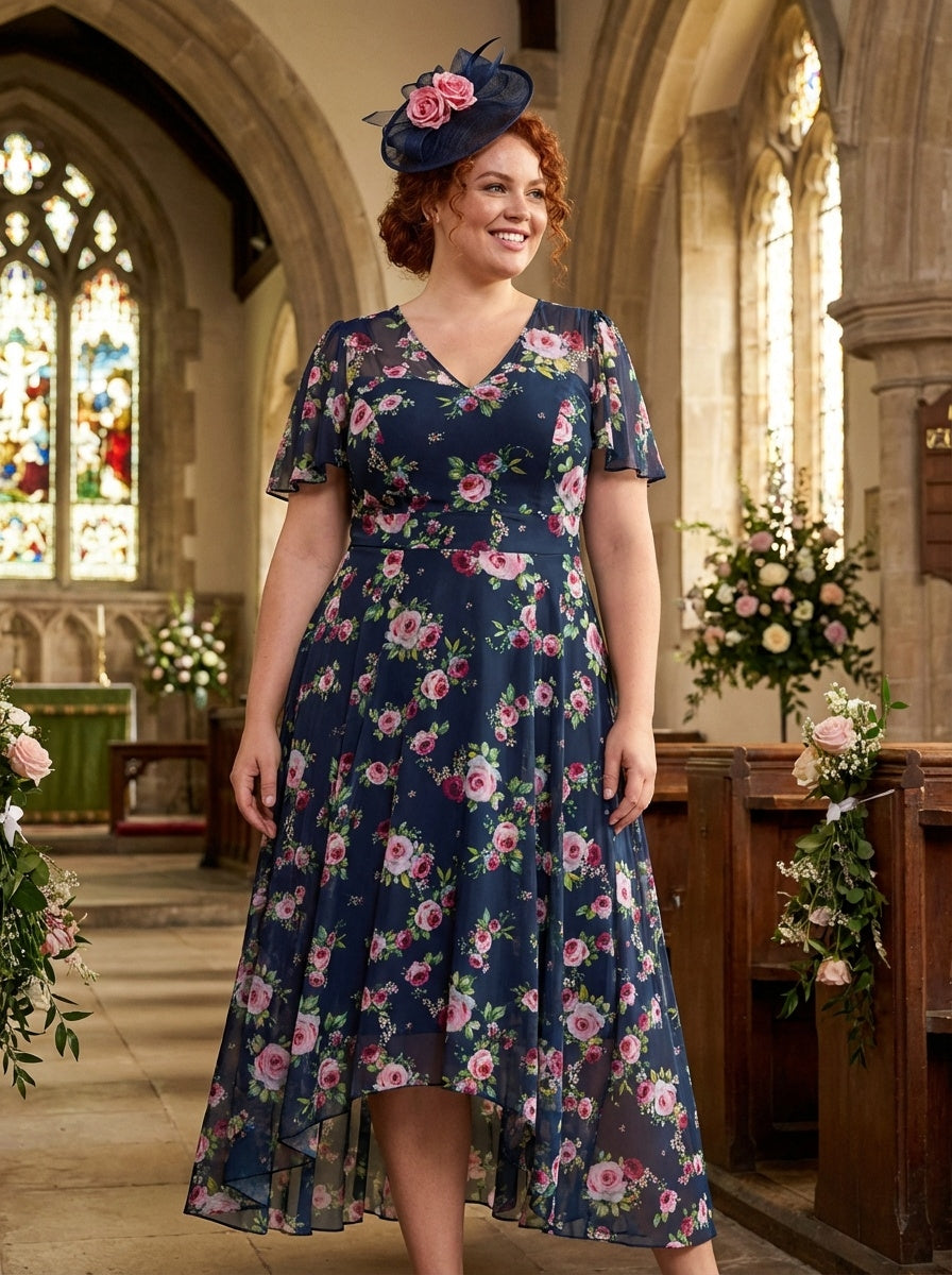 Tilly Navy Pink Angel Sleeve Sweetheart Dress