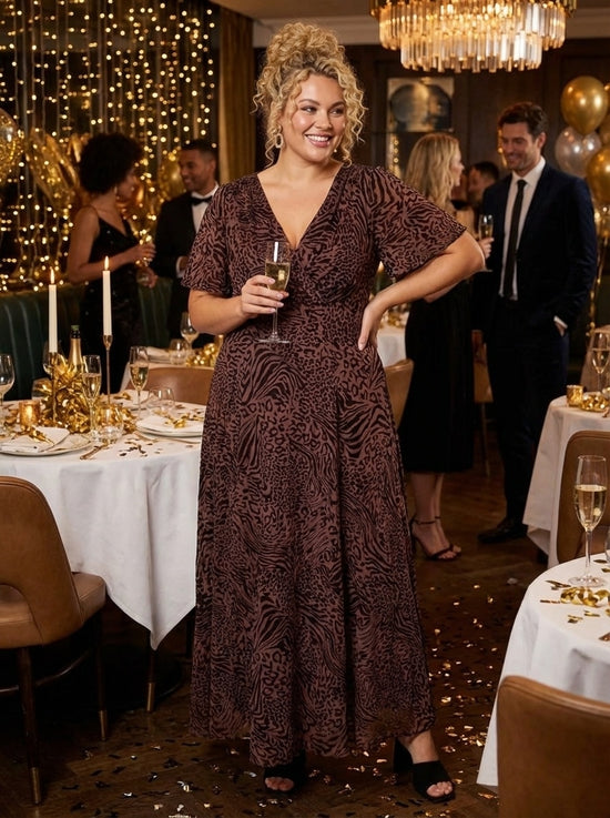 Isabelle Chocolate Leopard Velvet Flock Angel Sleeve Maxi Dress