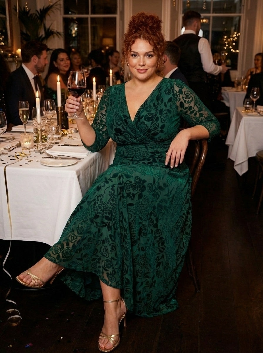 Verity Chic Velvet Flock Maxi Gown in Dark Green