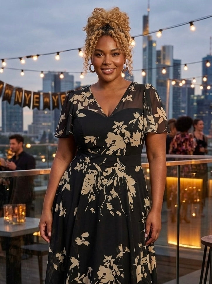 Tilly Black Cream Angel Sleeve Sweetheart Dress