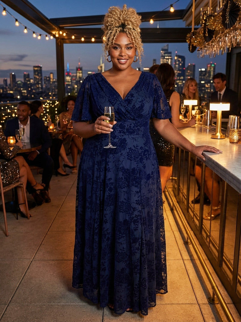 Isabelle Dark Navy Velvet Flock Angel Sleeve Maxi Dress – Scarlett