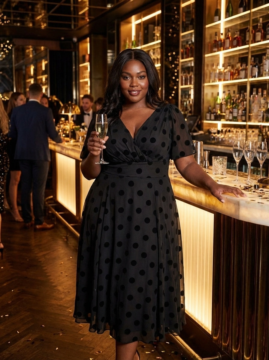 Victoria Black Velvet Flock Angel Sleeve Mesh Long Midi Dress