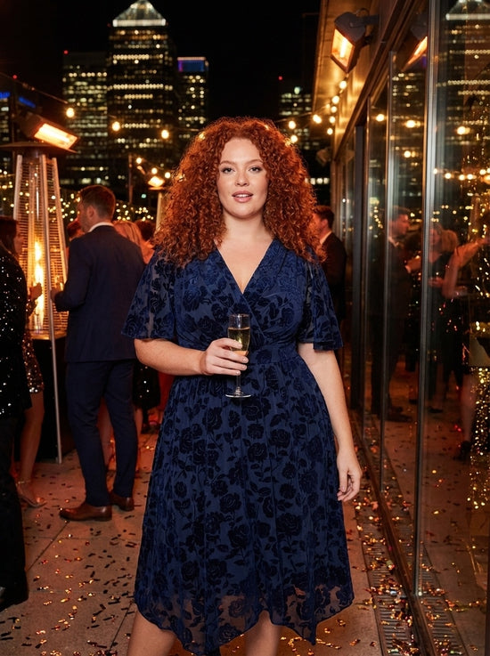 Julie Dark Navy Velvet Flock Hanky Hem Dress
