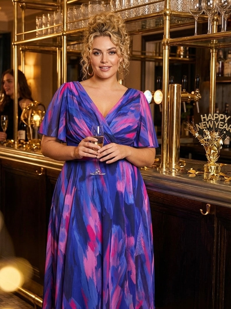 Victoria Blue Pink Brush Angel Sleeve Mesh Long Midi Dress