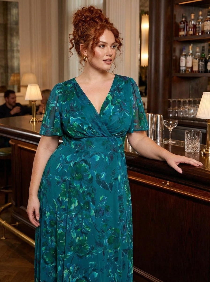 Isabelle Teal Blue Peacock Float Sleeve Maxi Dress