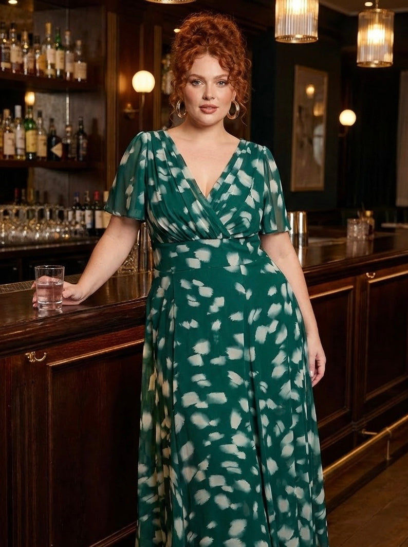 Isabelle Dark Green Cream Float Sleeve Maxi Dress